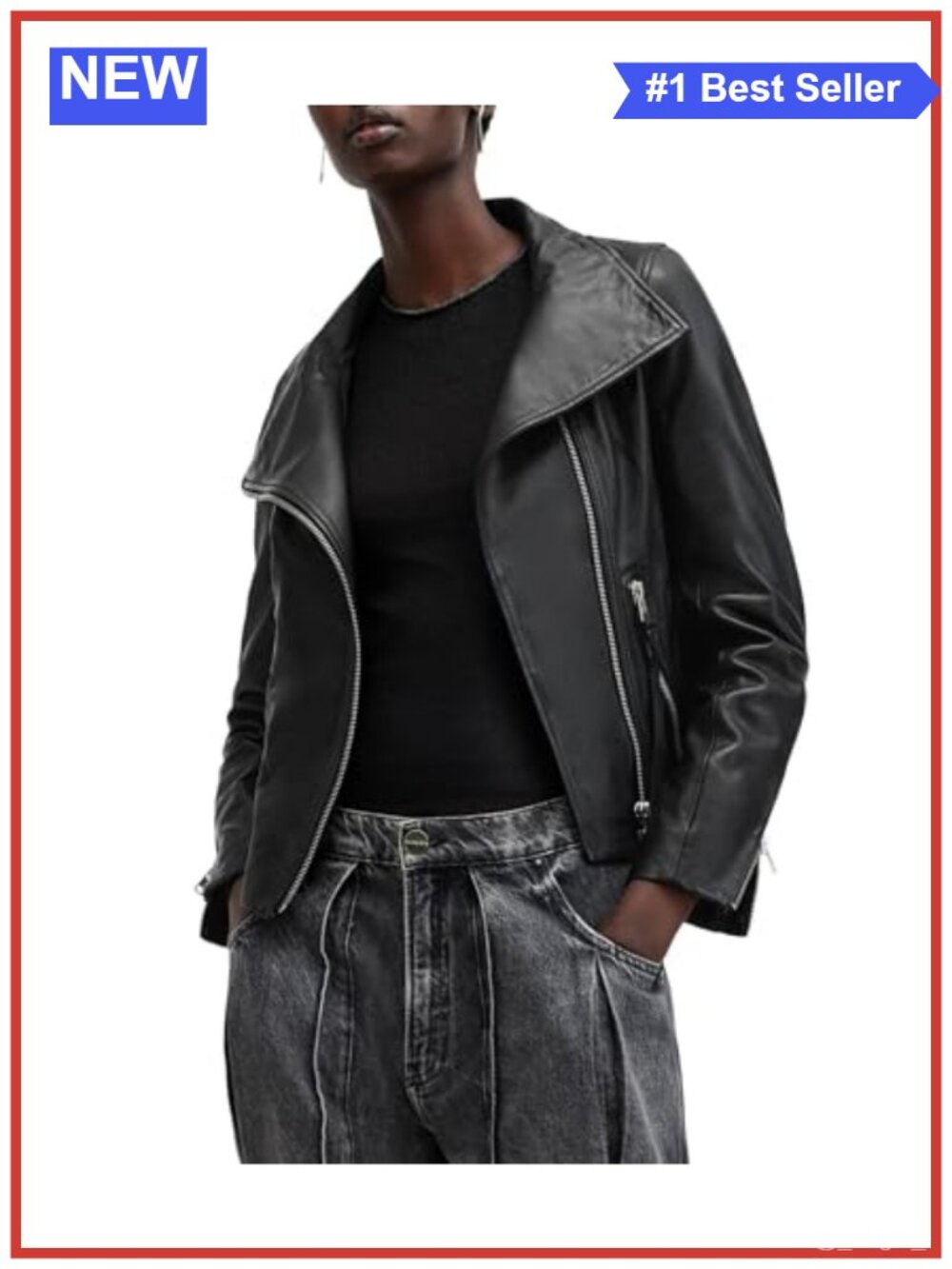 Leather Biker Jacket Long Sleeve Zipper Aviator Notch Collar Classic Fit